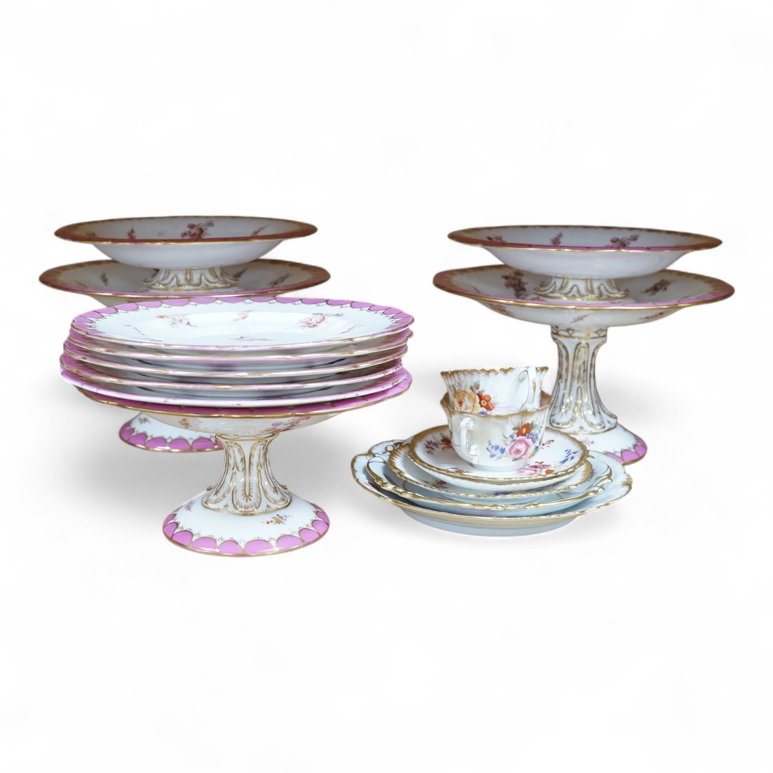 A late 19th/early 20th century dessert set, five comports and five dishes, together with a part floral tea set. Condition - varies